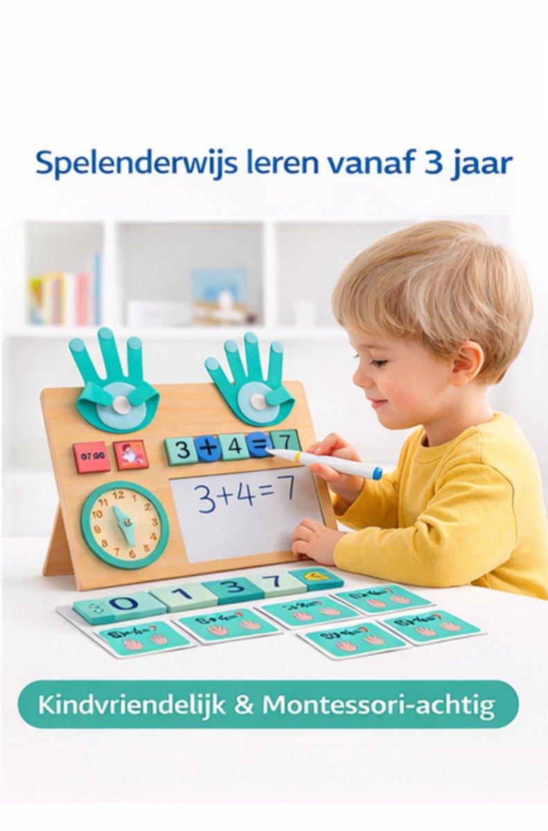 Rekenbord - Montessori speelgoed - Rekenen - Houten Speelgoed - Schrijven - Getallen - Cijfers leren - Klokkijken -