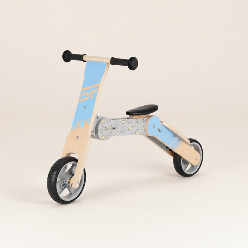 Blauwe houten 2-in-1 loopfiets en step op een lichte achtergrond