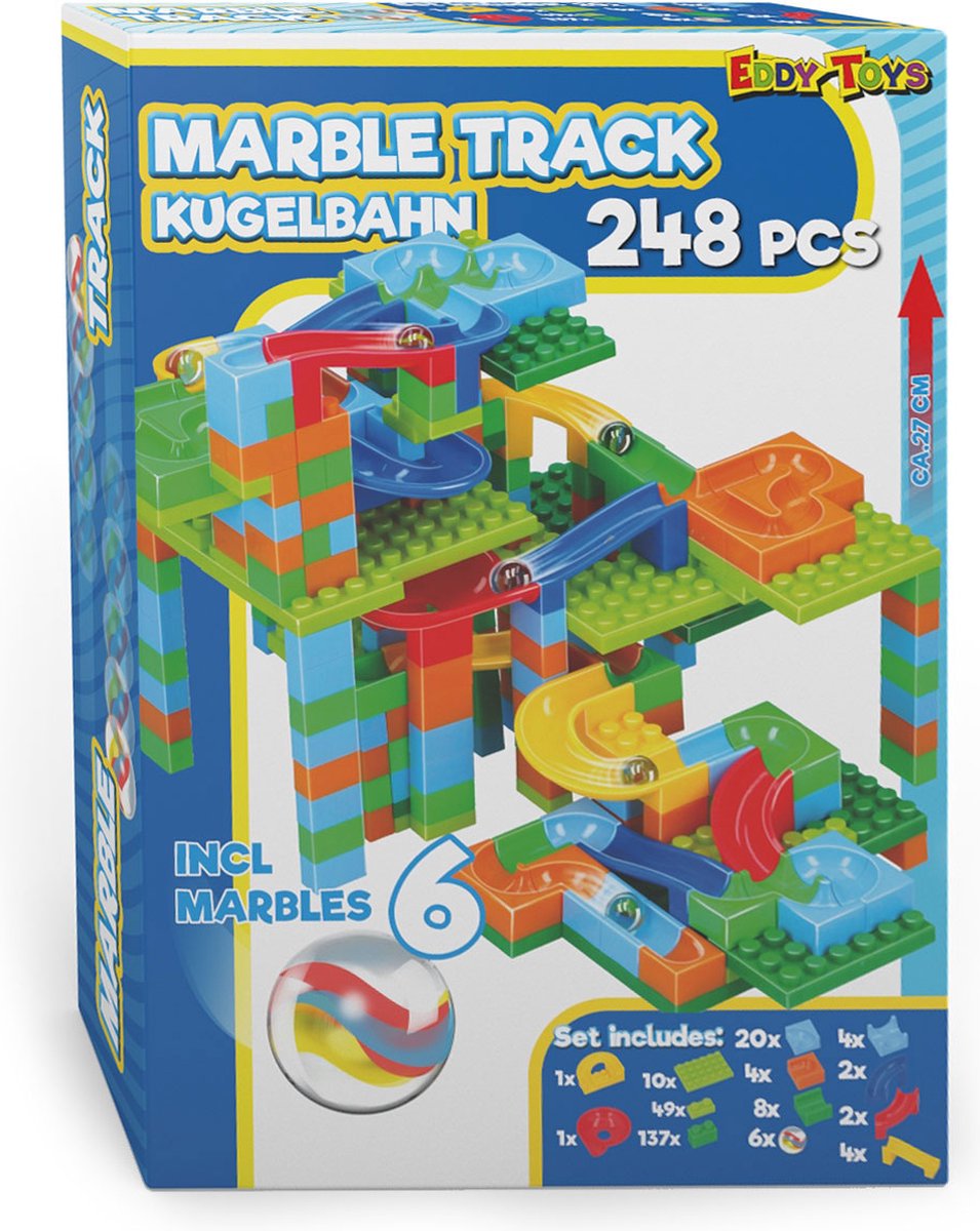 Eddy Toys Knikkerbaan - 248-Delig - met Knikkers - Kunststof - Rood, Geel, Groen, Blauw, Oranje