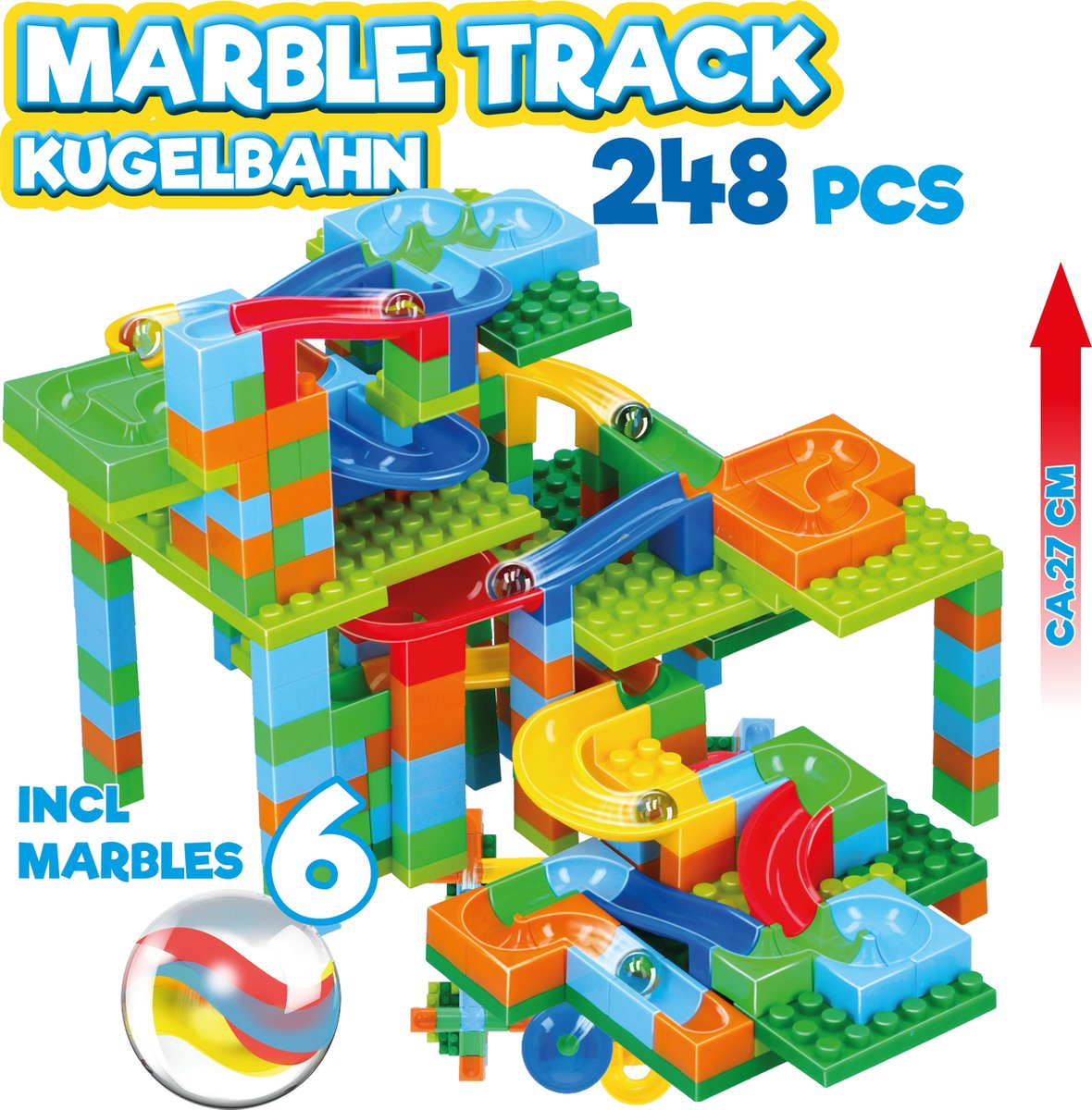 Eddy Toys Knikkerbaan - 248-Delig - met Knikkers - Kunststof - Rood, Geel, Groen, Blauw, Oranje